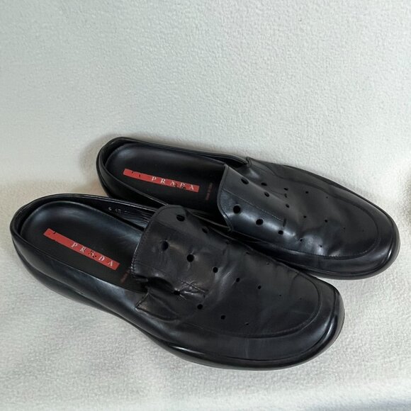Prada Men's Black Leather Loafers Slip On Breathable Clog Size 11 - Picture 6 of 10